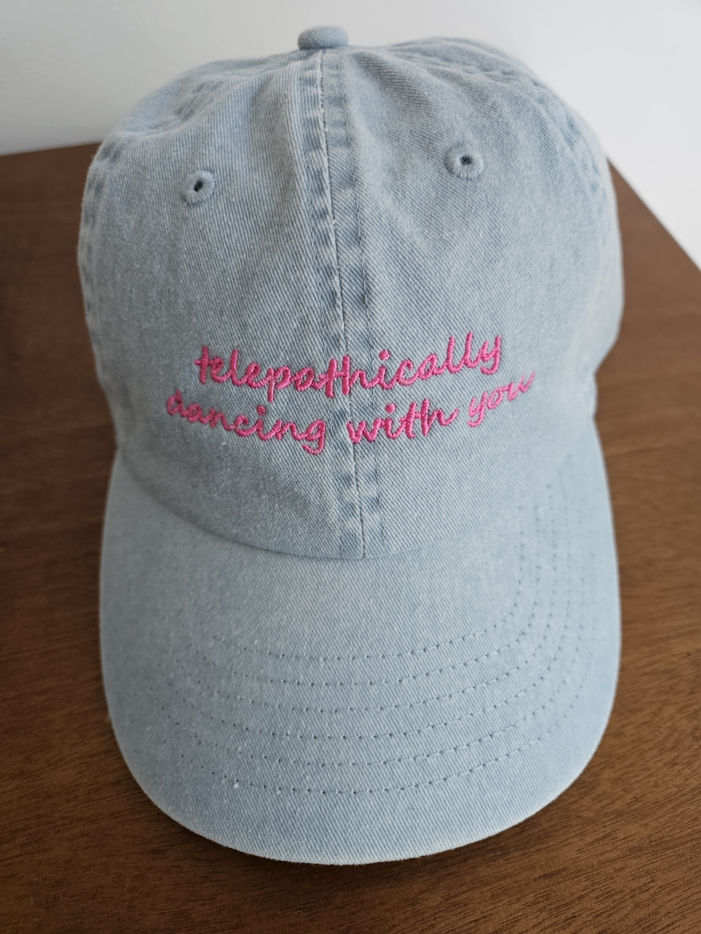 Light Blue Embroidered Baseball Cap - "telepathically dancing with you"